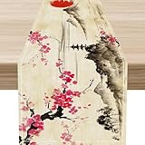 Japanese Table Runner, Cherry Blossom Asian Ink Painting Landscape Anime Nature Vintage Asian Oriental Chinese Coffee Table Center Decor for Home Kitchen Dining Patio Indoor Outdoor, 13'x36' Inch