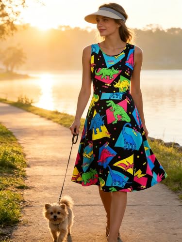 Image of uideazone Women Funny Print Sleeveless U Neck A Line Casual Midi Dress | Soft Stretchy Breathable Fabric Flared Swing Sundress Fitted Waist for Daily Wear 80 /90s Themed Party Beach Vacation Trips