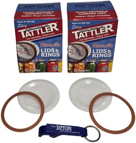 Tattler E-Z Reusable Canning Lids and Rings Set, 2 Dozen Regular Mouth (24 Lids & 24 Rubber Rings), Made in USA! Includes Free Jar Opener!