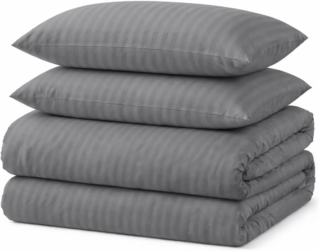 Duvet Cover Set Stripe Microfibre Soft Bedding Set (Grey, Single)