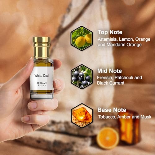 Image of Arabian Aroma White Oud Attar | Citrus & Floral Fragrance with Amber & Musk | Long-Lasting Alcohol-Free | Oil-Based Sandalwood Attar | Itra Perfume for Men & Women | 100% Perfume for Men & Women (6ml)