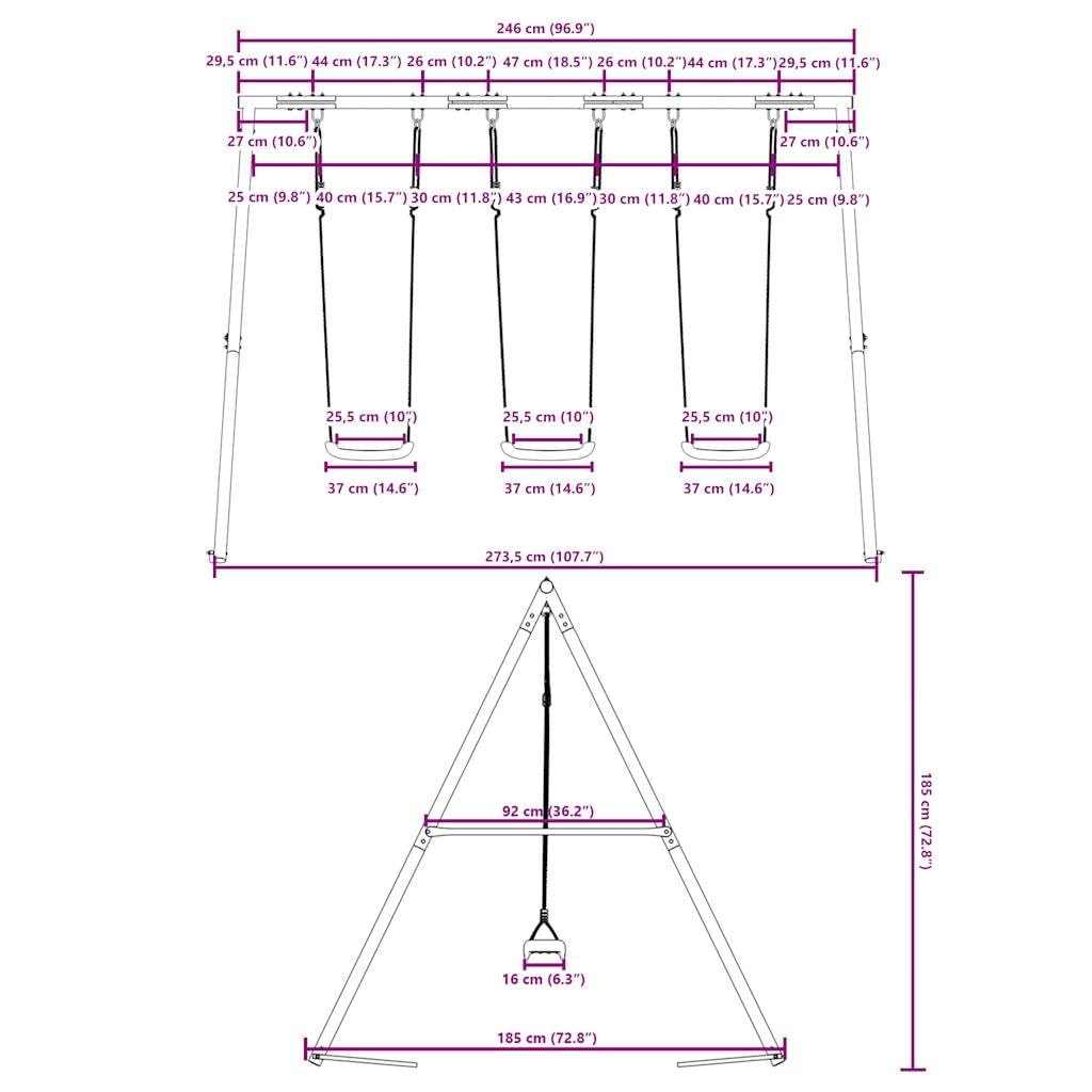 Zestaw huśtawek z 3 huśtawkami z lakierowanej stali, 273,5 x 185 x 185 cm, zabawka ogrodowa dla dzieci w wieku 3-10 lat, plac zabaw na świeżym powietrzu z regulowanymi siedzeniami do ruchu i