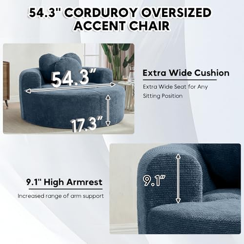 Image of Oversized Round Chair Lounge Chaise Indoor, 54.3 inch Upholstered Corduroy Deep Seat Single Cloud Sofa Chair with Heart-Shaped Pillow Modern Large Circle Boneless Couch for Living Room, Blue