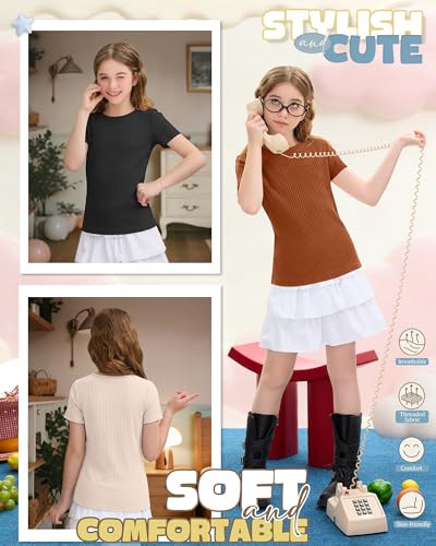 LessonZoo 3 Pack Girls Shirts Cotton Basic Tees Ribbed Knit Slim Fit T Shirts Boat Neck Tops Casual for Kids Ages 5-14(11-12 Years,Pumpkin, Cream, Black) — view 4