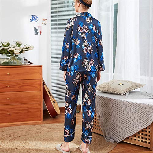 Nightgown Womens Printed Long Sleeve Button Down Nightshirt Satin Top Pants Sets Lingerie for Ladies