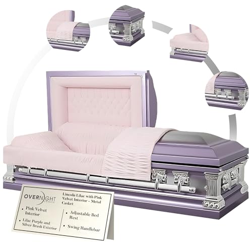 Overnight Caskets LINCOLN Metal Funeral Casket Lilac with Pink Velvet Interior - Premium 18-Gauge Steel - Fully Appointed Adult Casket - Coffin Featuring Velvet Interior Lining w/Pillow & Throw Set
