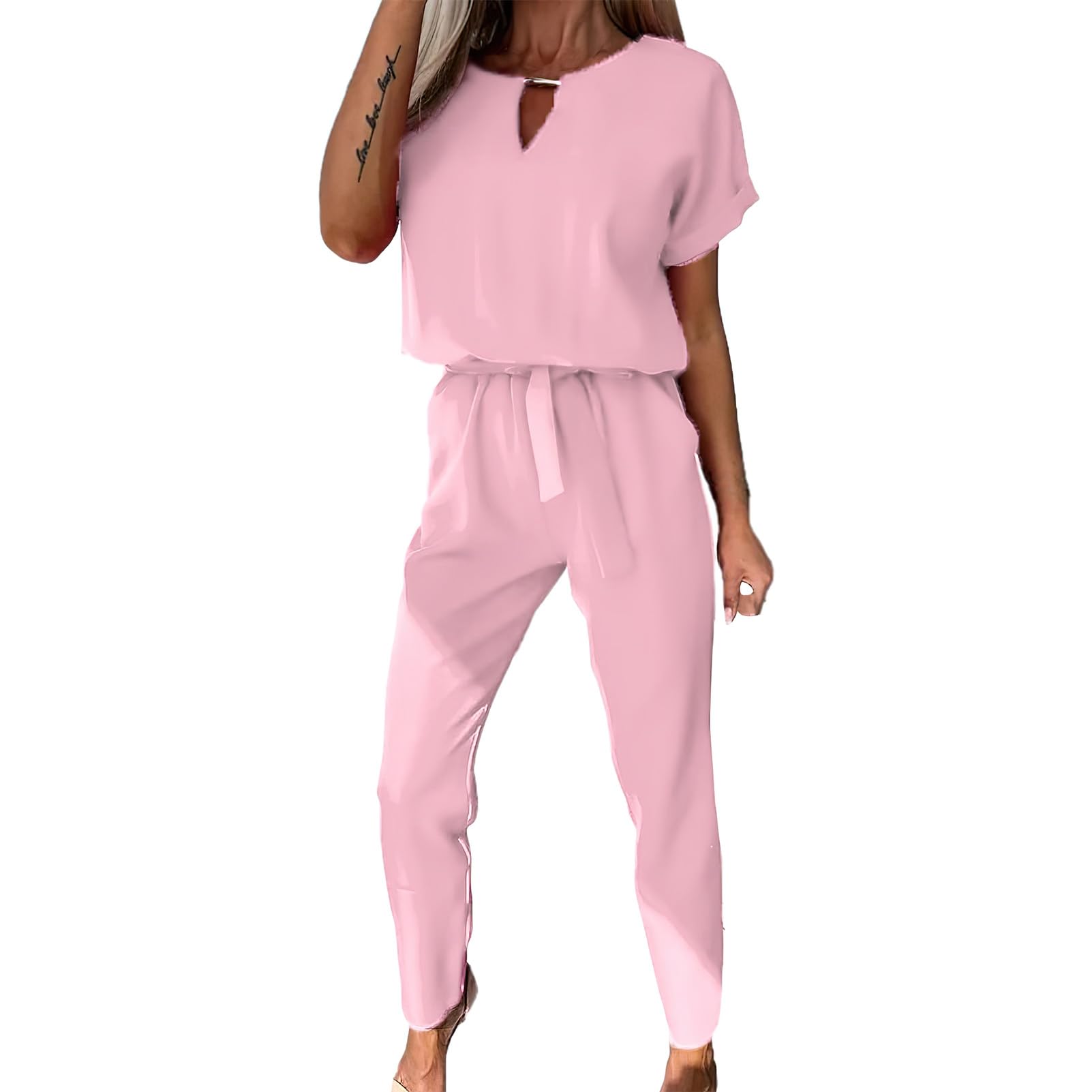 amropi Mono de Manga Corta para Mujer Cuello V Mono de Verano Elegante Pantalones con Cinturón
