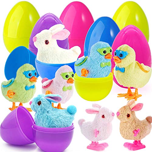 UMEELR Prefilled Easter Eggs Surprise Toys with Colorful Wind-Up Jumping Bunnies and Chicken for Novelty Basket Stuffers, Egg Hunt Party Favors, 8 Pack