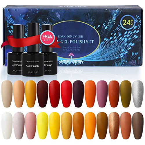 24 Colores Pintauñas Semipermanente Uñas Gel UV LED, Esmalte Semipermanente, Colorido Esmaltes de Uñas Kit, con 1 Base, 1 Capa Superior Brillante, 1 Capa Superior Mate, Para Uso en Salones y Bricolaje Cover