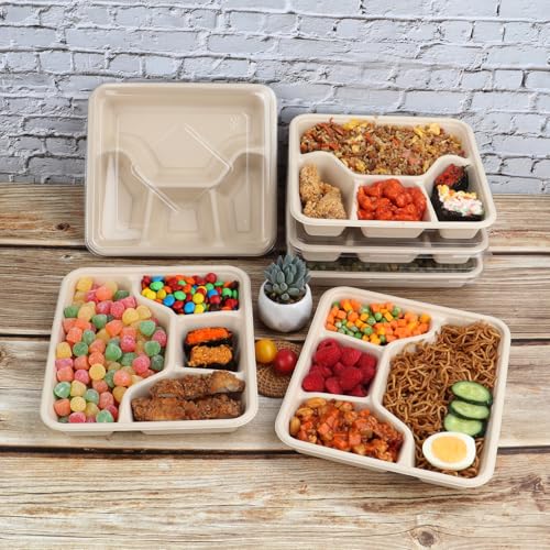 JAYEEY Sugarcane Fiber 37 oz 4 Compartments disposable plates with Lids Bagasse Plant Fibers Freezer Safe 25 Pack