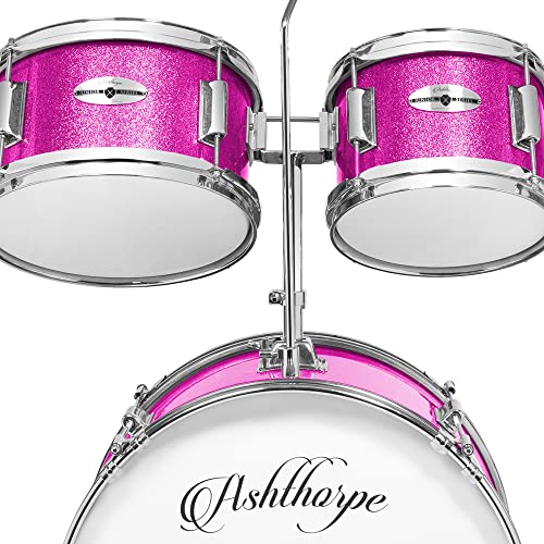 Ashthorpe 5-Piece Complete Junior Drum Set With Genuine Brass Cymbals - Advanced Beginner Kit With 16" Bass, Adjustable Throne, Cymbals, Hi-Hats, Pedals & Drumsticks - Pink #TOP3