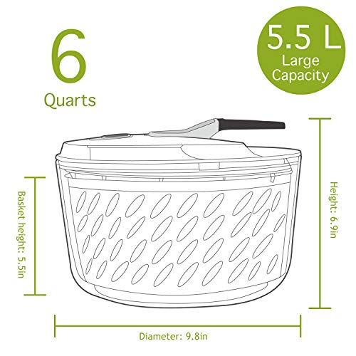 Freshmage Large 6 Quarts Salad Spinner, Easy Use Effortless Quick Drying Vegetable Fruit Salad Spinner Washer and Dryer with Clearance Salad Bowl and Mesh Colander