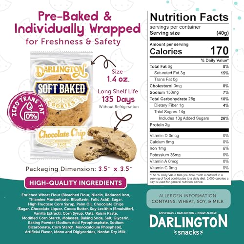 Image of Darlington Snacks Individually Wrapped Soft Baked Chocolate Chip Cookies, 100% Nut Free & Kosher Healthy Cookies, Made in USA, 1.4 Oz, 180 Count