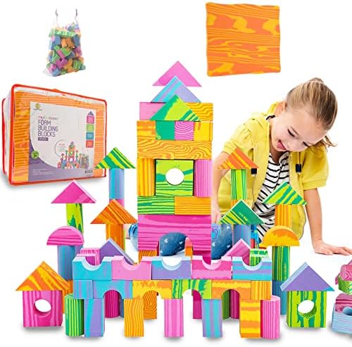Morvat 140 Piece Colorful Soft EVA Foam Building Blocks Set, Waterproof Play Toy for Children, Babies, Toddlers, & Kids, Gift for Boys & Girls, Non Toxic & BPA Free, Bath Tub Platform, Carry & Dry Bag