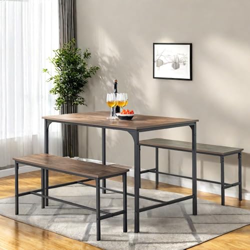 Lista de Comedor Sams más recomendados. 45 HOMYLIN Mesa de Comedor y Banco Juego de 3 Piezas, Diseño Retro Conjunto Para 4 Personas, Mesa Con 2 Bancos Para Comedor, Cocina, Cafe - Marrón