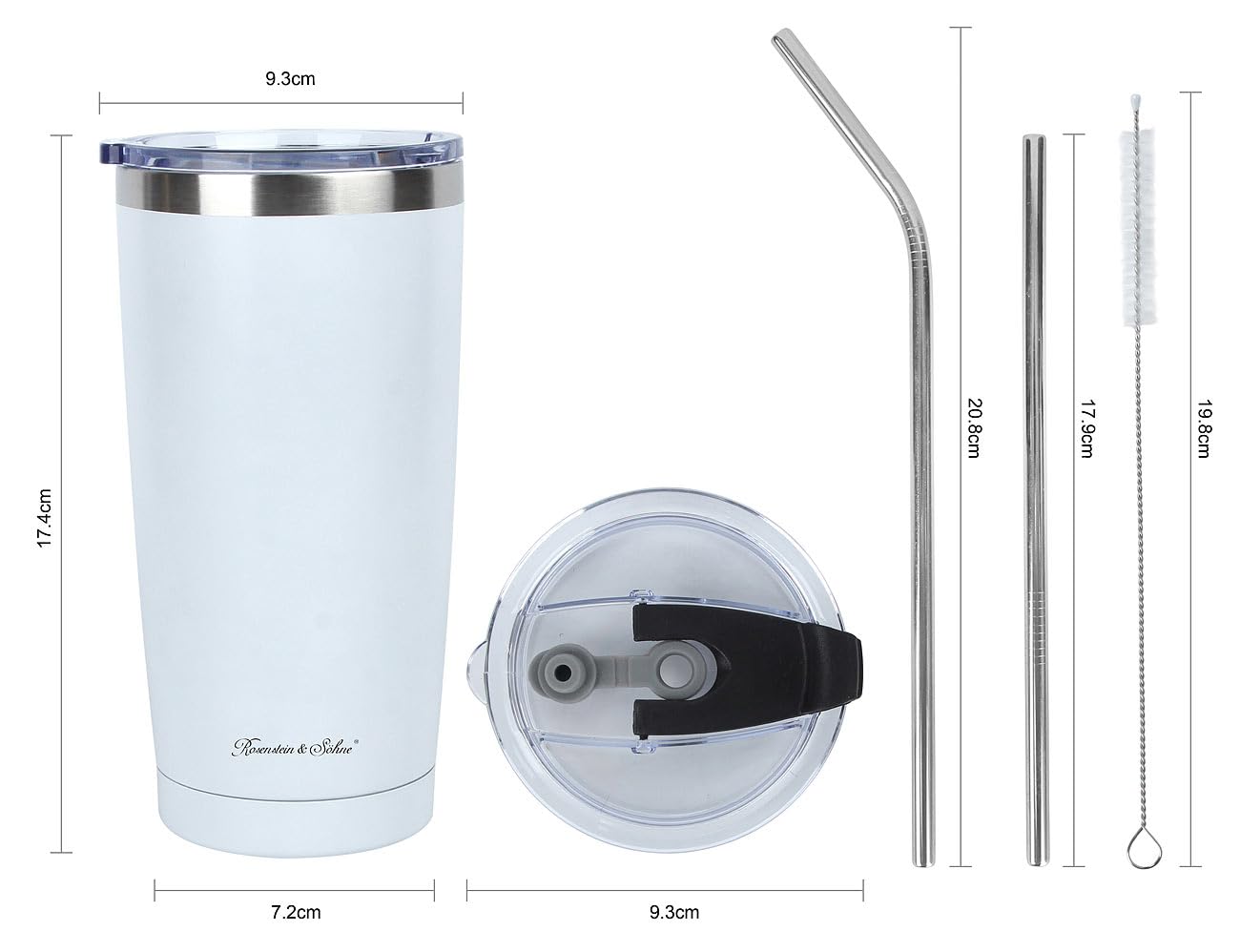 Rosenstein & Söhne Becher: 4er-Set doppelwandige Isolierbecher, weiß, 600 ml, Edelstahl (Isolierbecher mit Deckel, für Smoothie, Kfz)
