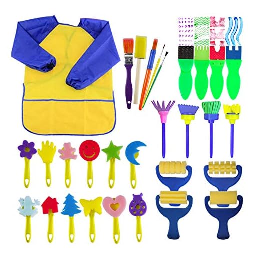 EVNEED 29 Pièces Éponge Brosses de Peinture Enfant Ensemble Pinceaux de Peinture et Tablier Art DIY Outils de Peinture d'Apprentissage Précoce d'Enfant