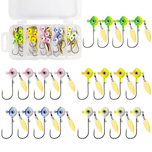 Eupheng ZINC-TECH Crappie Jigs, Glow in Dark 3D Big Eyes Fishing Jig Head 1/8oz 1/16oz 1/32oz for Crappie Panfish Trout Perch Walleye (1/16oz(1.8g)-W/SPINNER-20PCS-5 Colors)