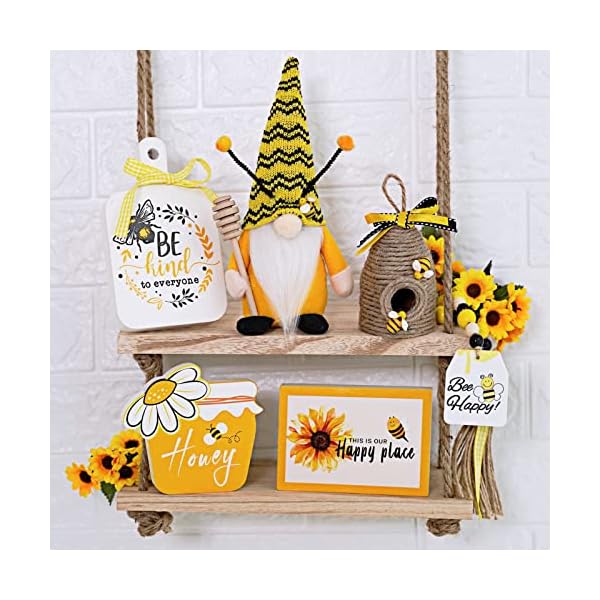 Bumble bee tray decor set gnome tiered farmhouse decor gnome plush 3 signs bee hive wood garland rustic kitchen decorspring summer tray decor 6pcs  urban country home decor