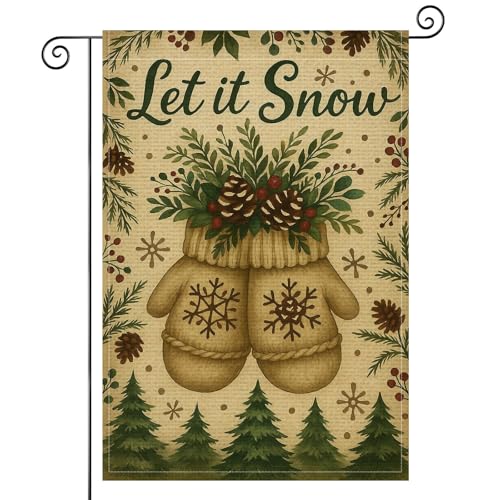 HOMETITUTE Snow Garden Flag Double Sided 12x18 Inch Burlap Winter Garden Flag Mittens with Pinecones Berries Evergreen Branches Seasonal Banner for Outdoor Decoration Yard Lawn Decor