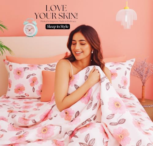 Image of SANMARINO 210TC Cotton King Size Bedsheet with 2 Pillow Covers | Premium Floral Print Design Flatsheet |Ultra Soft Breathable Skin Friendly Bedding Set for All Season Use 90 x 100 Inch,Blush Pink