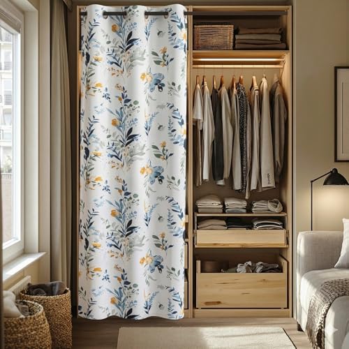 Image of MYSKY HOME Floral Blackout Door Curtain 80 inch Long for Doorway Privacy Grommet Closet Curtain for Open Closet Room Divider for Bedroom Living Room, 1 Panel, Yellow and Blue, 34 inch W
