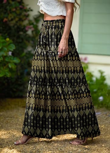 Image of Lepunuo Womens Casual Boho High Waisted Flowy Maxi Skirts Tiered Floral Long Skirts with Pockets for Summer Beach Vacation