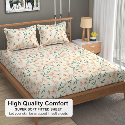 Image of DECOMIZER Glace Cotton King Size AC Comforter - Soft Blanket & Duvet with 1 King Size Elastic Fitted Bedsheet 72 inchX78 inch & 2 Pillow Covers - 4 Piece Comforter Set - Cream Floral - 300 TC