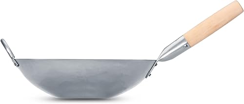 Miniatura 7 de Craft Wok Wok plano de acero al carbono martillado a mano con mango auxiliar de madera y acero (12 pulgadas, parte inferior plana) 731W316-12