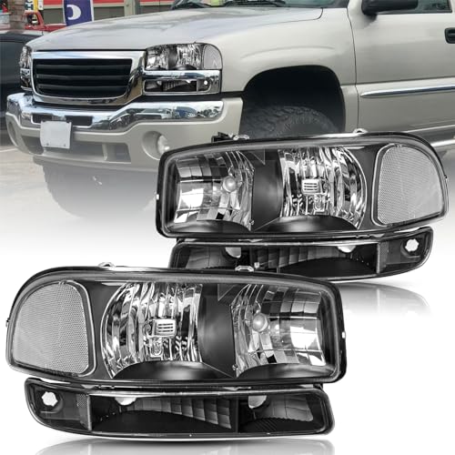Bingbingmotor BRYGHT 4PCS Headlight Assembly for 1999-2006 GMC Sierra 1500 2500HD 3500HD Front Light 99-06 Yukon 00-06 Yukon XL 1500 2500 Replacement Pair Set Black & Clear NOT Fit Denali Model