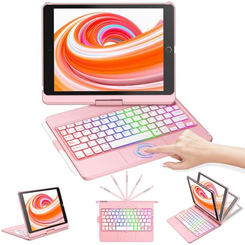 CC Store Teclado para iPad 9 Generacion,Teclado Español Ñ Bluetooth de Carcasa Rígida Giratoria 360° con Touchpad y 7 Colores de Retroiluminación para iPad 10.2 9ª/8ª/7ª Gen, Rose