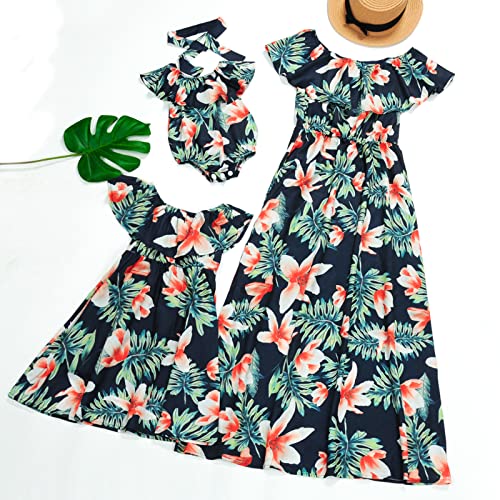Image of PopReal Mommy and Me Dresses Floral Printed Chiffon Bowknot Ruffles Short Sleeve Beach Mom Daughter Matching Outfits