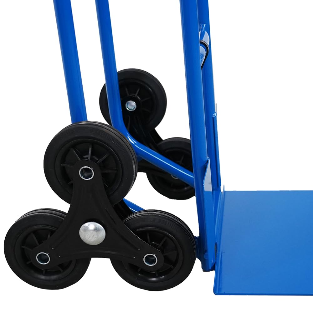 PROREGAL Treppensteiger Ragnar mit XXL klappbarer Schaufel | HxBxT 117x60x60cm | Tragkraft 250kg | 3 Hartgummi-Reifen | Stahlrahmen | Blau | Transportkarre Staplerkarre klappbar