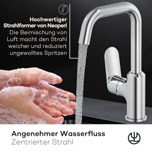 KLUDI-X1 Waschtischarmatur, 360° schwenkbar, Auslaufhöhe 205 mm, wassersparender Wasserhahn Bad Größe L, Keramikkartusche, Mischbatterie Waschbecken inkl. Anschlussschläuche in Chrom