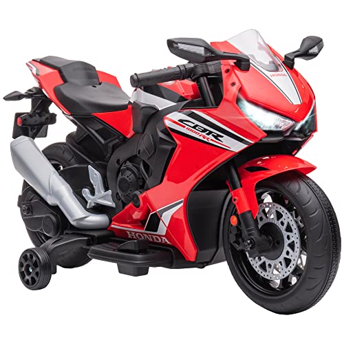 HOMCOM Moto Eléctrica con Licencia Honda para Niños de 3-5 Años Moto a Batería 6V con Faro Bocina Música y Ruedas Auxiliares Extraíbles Carga 30 kg 90x44x52 cm Rojo