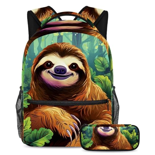 Sac à dos avec trousse Joli paresseux pour l'école des enfants multicolore