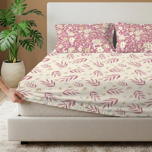 Image of Urban Space Divine 100% Cotton King Fitted Size Bedsheet, 144 TC Super Soft Elastic bedsheets for King Size Bed, Floral Design King bedsheet with 2 Pillow Covers (72 inch x 78 inch, Raina Mauve)