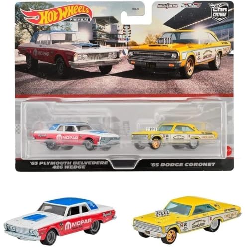 1963 Plymouth Belvedere 426 Wedge MOPAR White and Red with Blue Top and 1965 Dodge Coronet Eastbound and Crowned Yellow and White Car Culture Set of 2 Cars Diecast Model Cars by Hot Wheels