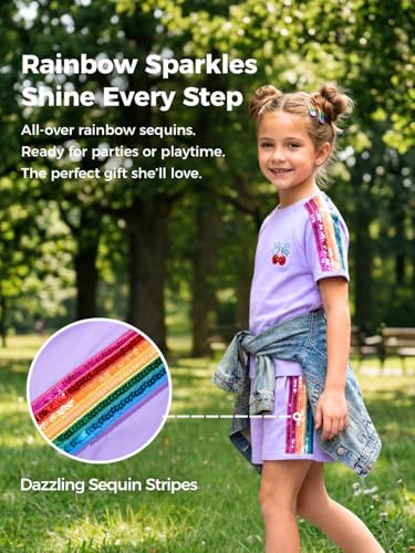 Image of WELAKEN Girls 2 Piece Outfit Kid Toddler Heart & Rainbow Sequin Striped T-shirt and Shorts Clothing Set