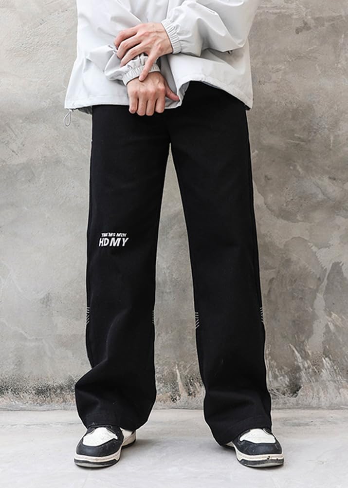 ORANDESIGNE Jeans da Uomo Ricamati con Lettera Posteriore Pantaloni Larghi Hip-Hop a Gamba Larga Pantaloni abbottonati per la Strada Alta