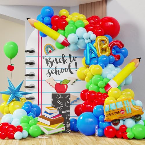 Back To School Party Decorations, 153Pcs Rainbow Balloons Garland Arch Kit With Pencil School Bus Abc Foil Balloons For Graduation First Day Of School Kindergarten Classroom Party Supplies