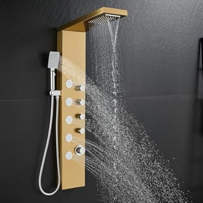 OUGOO Shower Panel Tower System with Rainfall & Waterfall Shower, 5 Body Jets, 3-Function Handheld, 304 Stainless Steel Water Powered Shower Tower Column, Gold