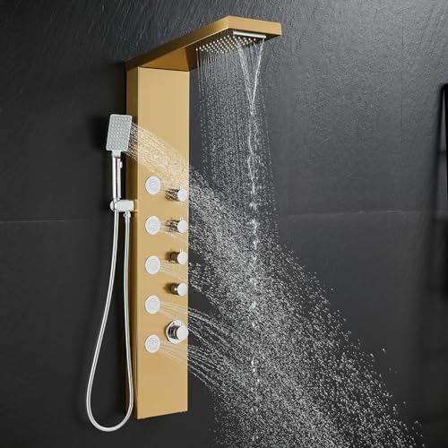 OUGOO Shower Panel Tower System with Rainfall & Waterfall Shower, 5 Body Jets, 3-Function Handheld, 304 Stainless Steel Water Powered Shower Tower Column, Gold OUGOO Shower Panel Tower System with Rainfall & Waterfall Shower, 5 Body Jets, 3-Function Handheld, 304 Stainless Steel Water Powered Shower Tower Column, Gold