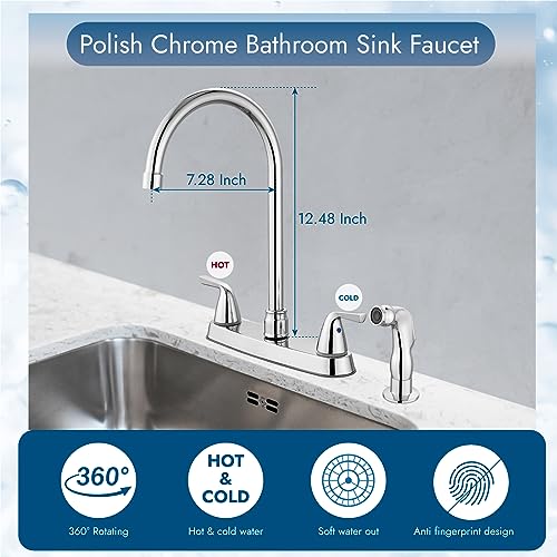 Cinwiny Kitchen Faucet 8 Inch Centerset 2 Handle High-Arc 360 Degree Swivel Spout with Supply Lines, 3 Hole Kitchen Sink Faucet with Side Sprayer, Polish Chrome
