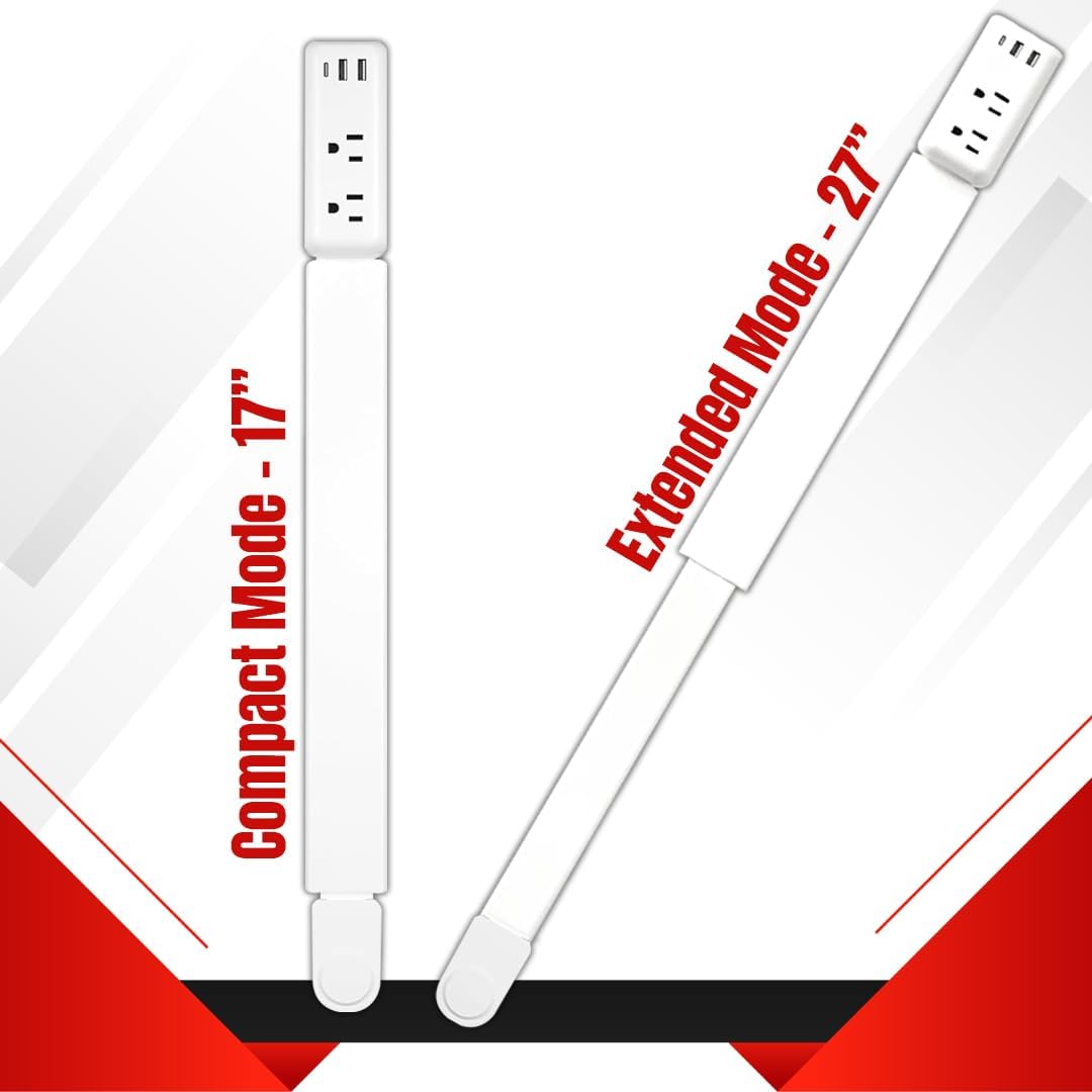 Electrical Outlet Extender Stick -Rotates 180° Access Hard-to-Reach Outlets USB-A, USB-C & 2 AC Outlets Adjustable 17"-27" Extension, Power Stick for Hard-to-Reach Outlets Behind Sofa, Bed & Desk