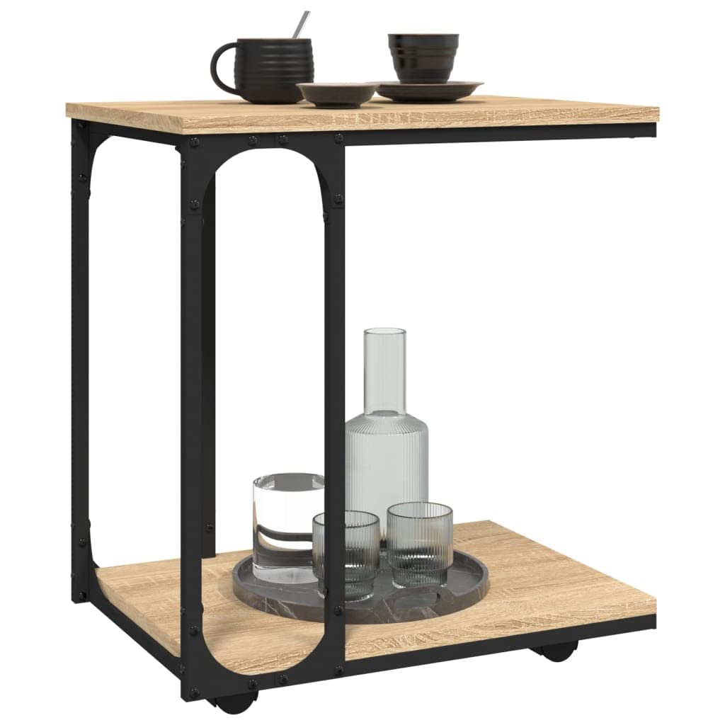 Mesa auxiliar con ruedas de roble Sonoma, 50 x 35 x 55,5 cm, mesa de centro en forma de C con estante y estante para salón, dormitorio, pasillo, balcón, sofá, cama, decoración, lámpara