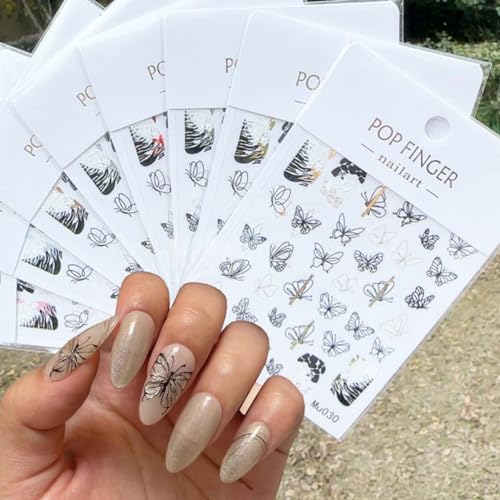 8Sheets Butterfly Laser Nail Art Sticker 3D Luxury Black Butterflies Nail Decals Self-adhesive Nail Art Supplies Butterfly Sticker DIY Nail Decal Butterfly Nail Tip for Manicure French Nail Decoration