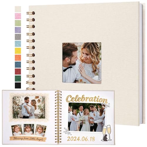 Yopih Album Photo Scrapbooking Couverture en Lin 20,5x20,5 cm, Pages Blanches en Papier Kraft Rigide pour Mariage Voyage Baby Shower, 20 Feuilles/40 Pages,...