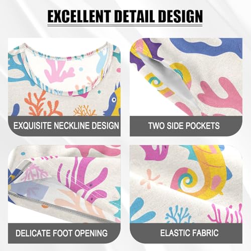 ALAZA Funny Seahorse Coral White Pajamas Short Sleeve 2 Piece Sleepwear Top and Bottom Pajama Set Unisex4