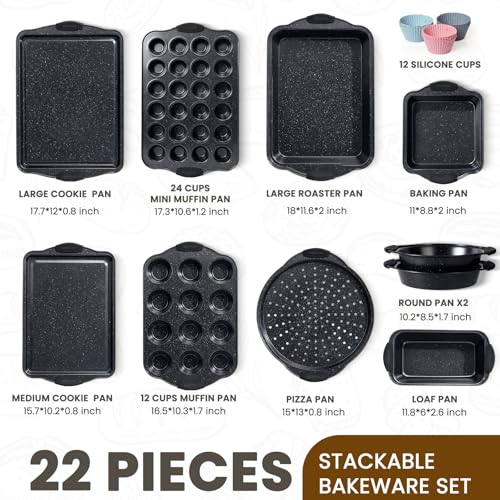 Image of Kikcoin 22 PCS Nonstick Baking Pans Set, Stackable Bakeware Sets with Silicone Handles, 450F Oven Safe Baking Sheet set, Easy Release Cookie Sheets for Baking, Black